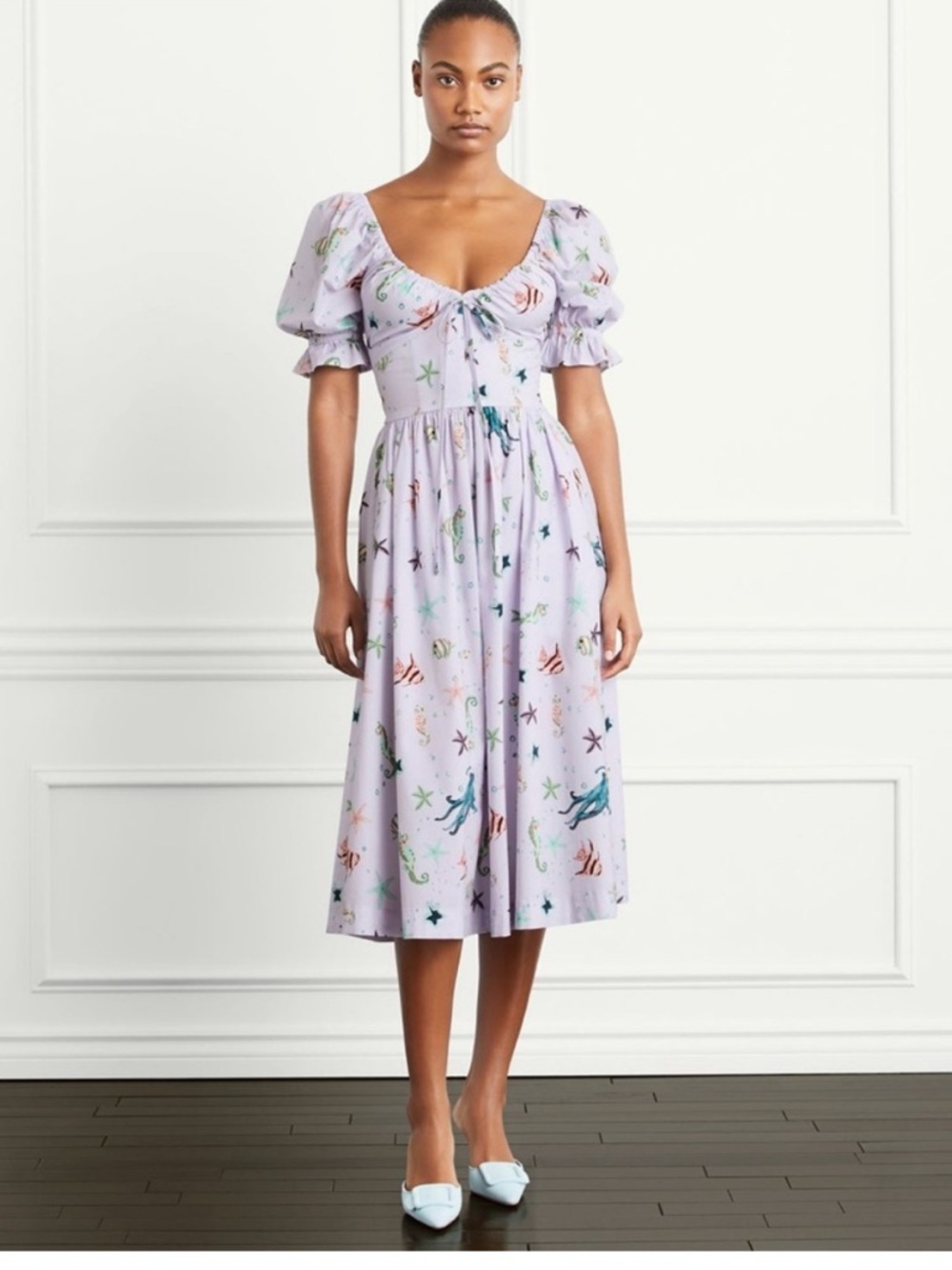 Hill House The Ophelia Nap Midi Dress Lavender Purple Fish Ocean Print Size S - Picture 3 of 9